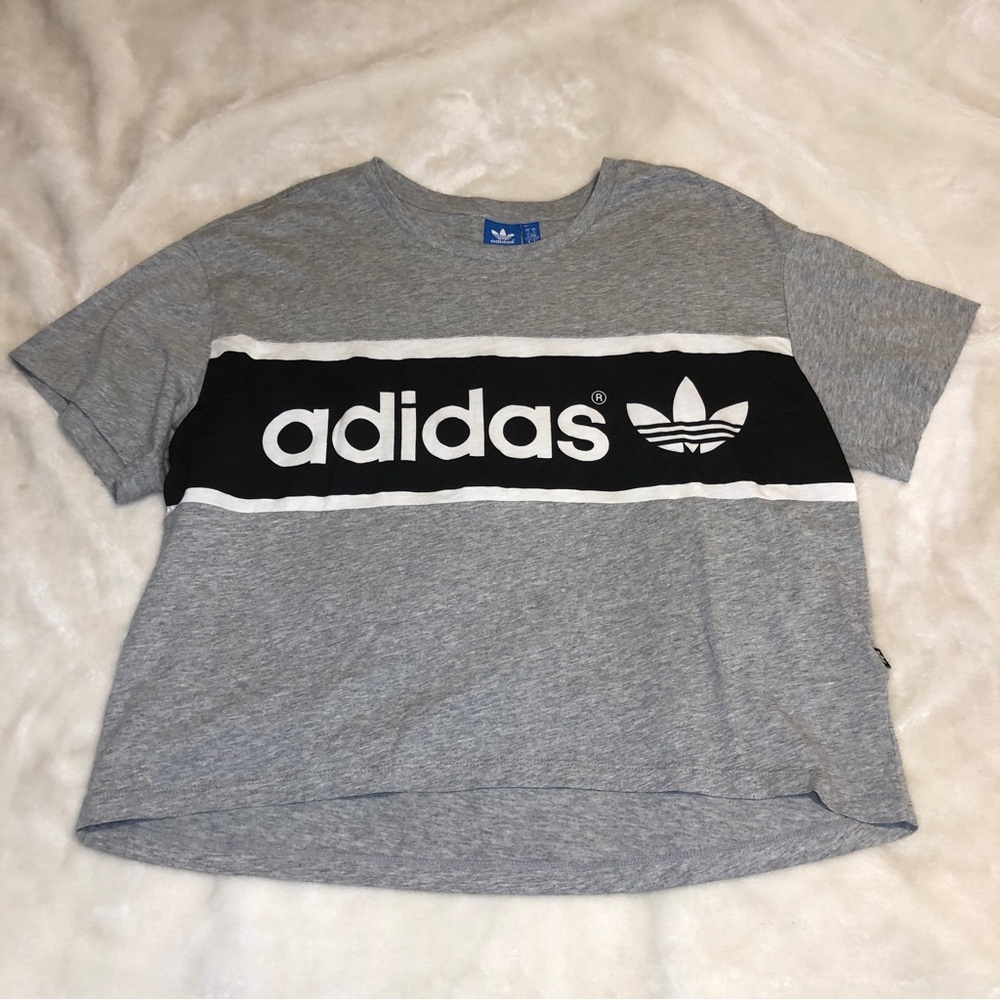 Adidas Grey Striped Cropped T-shirt Size Medium